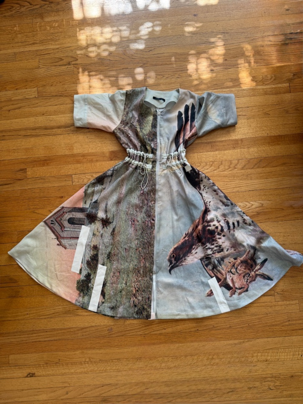 Graphic Print Cinch-Waist Dress with Bird Motif Armando Takeda
